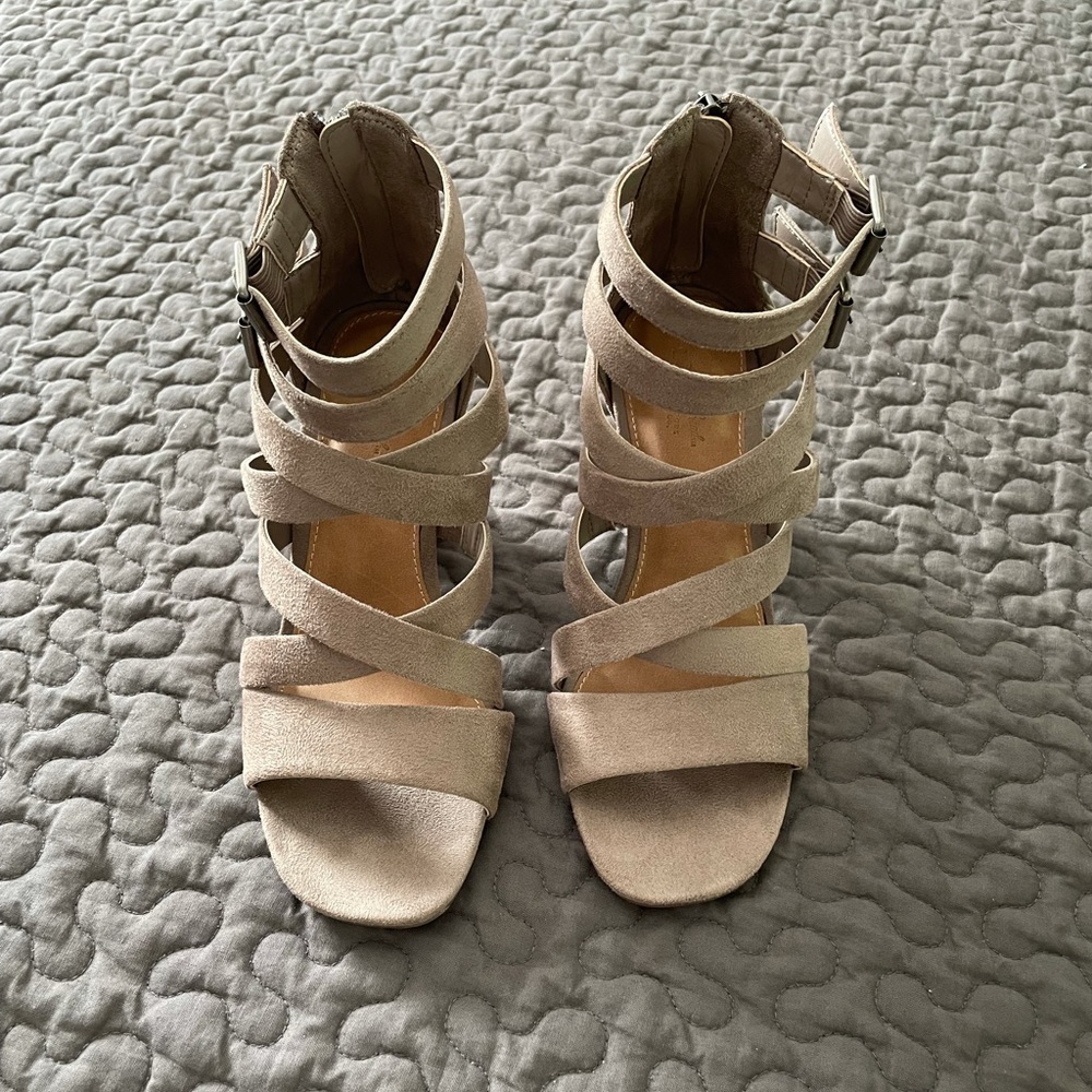 Faux suede taupe block heel sandal